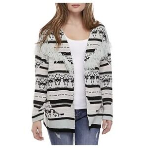 Fringe Aztec Print Bohemian Striped Knit Open Cardigan Pockets XL